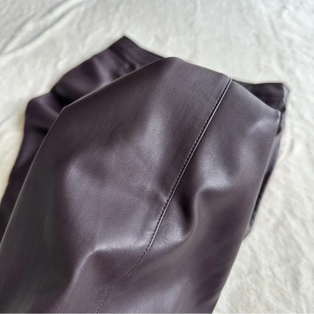 Mango NWT Faux Leather Purple Wine Wide High Waist Flare Pants EU 46 US L (14)
